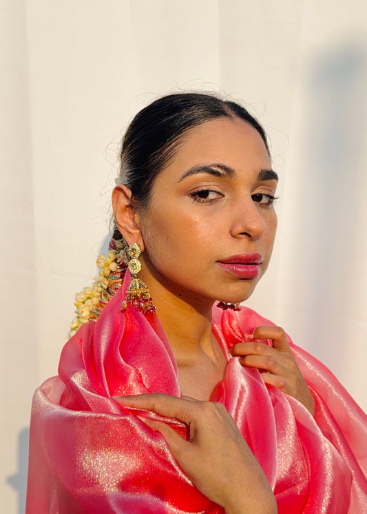 Dhairyaa Polki Pearl Jhumkas with Earchain (Red)