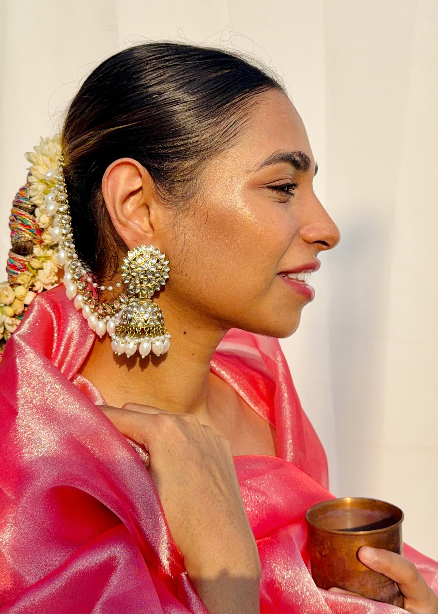 Rangini Pearl Kundan Jhumkas With Earchain