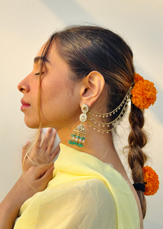 Dhairyaa Polki Pearls Jhumkas with Earchain (Turquoise)