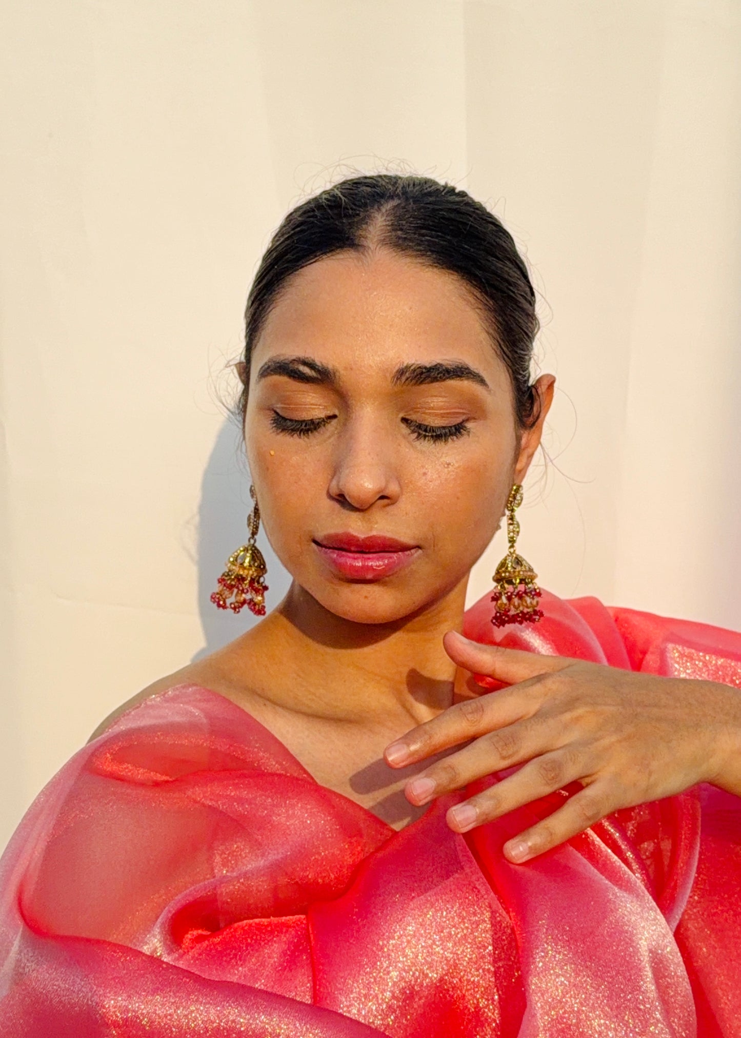 Dhairyaa Polki Pearl Jhumkas with Earchain (Red)