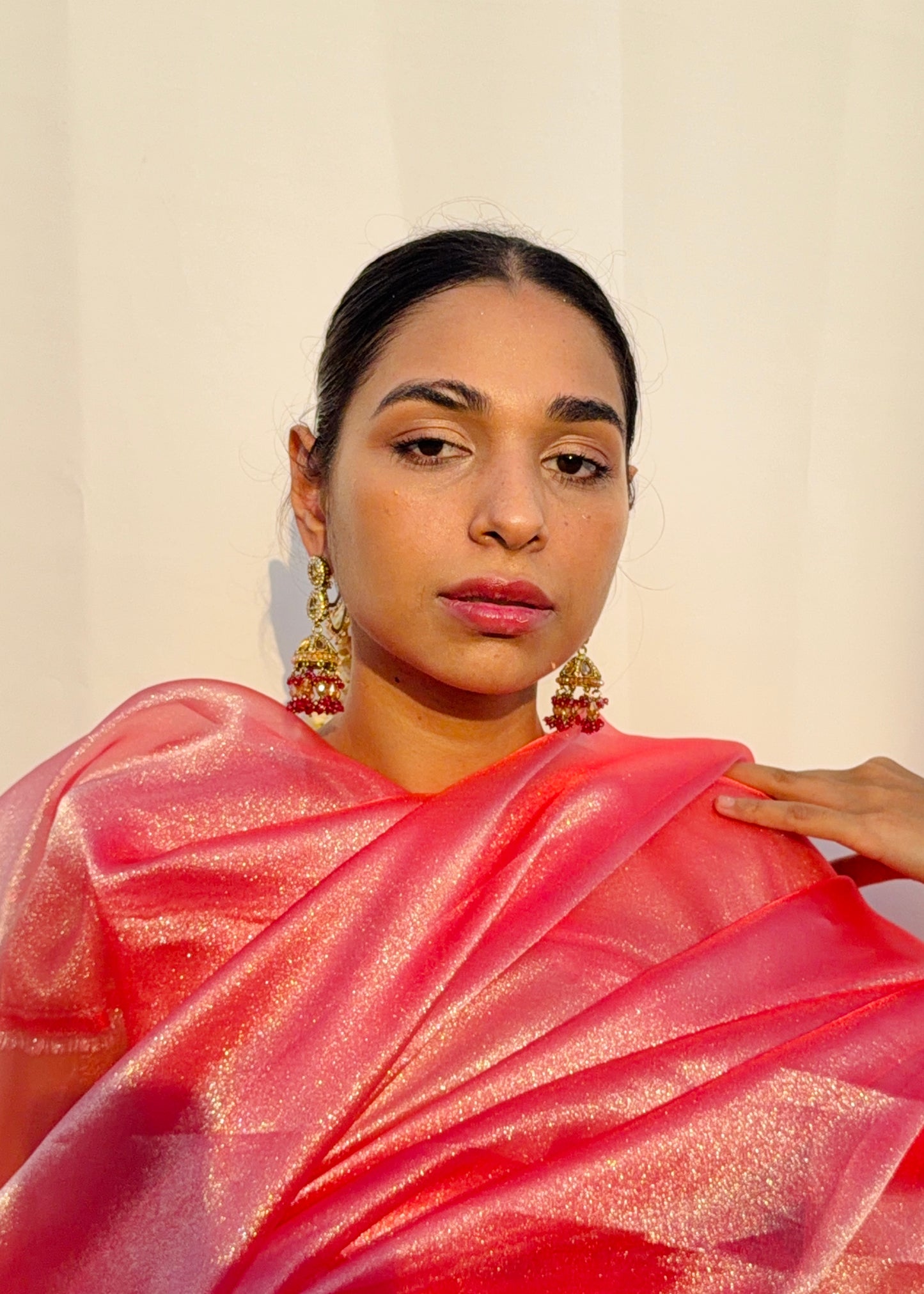 Dhairyaa Polki Pearl Jhumkas with Earchain (Red)