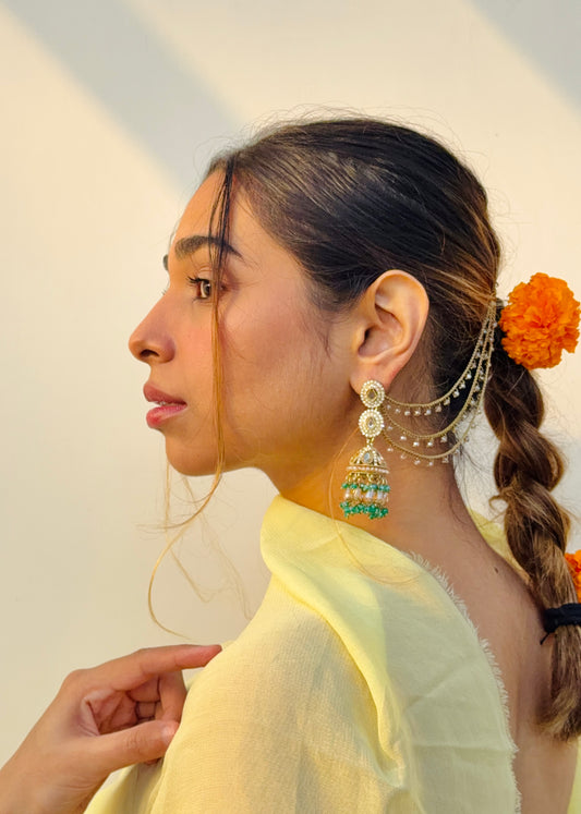 Dhairyaa Polki Pearls Jhumkas with Earchain (Turquoise)