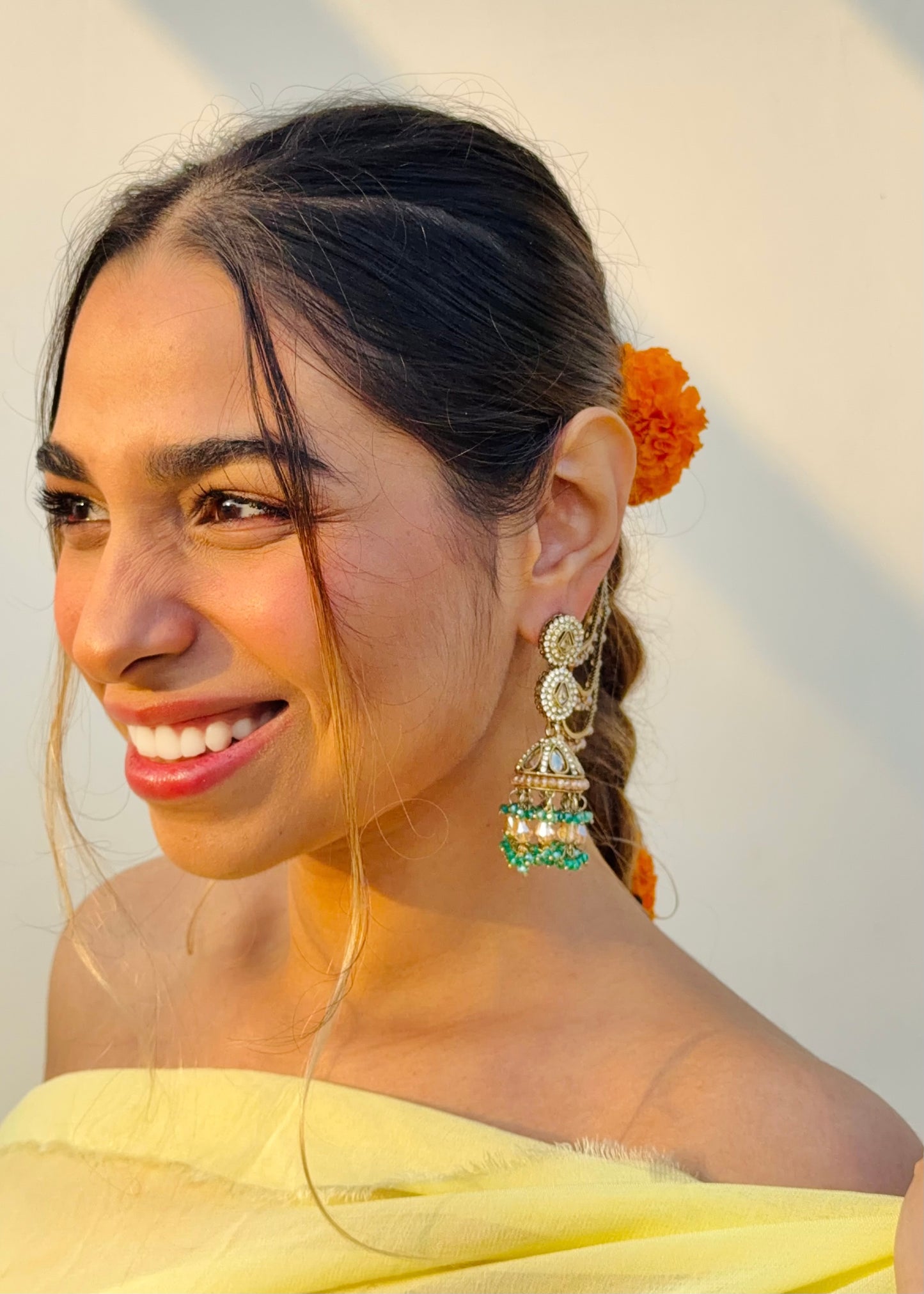 Dhairyaa Polki Pearls Jhumkas with Earchain (Turquoise)