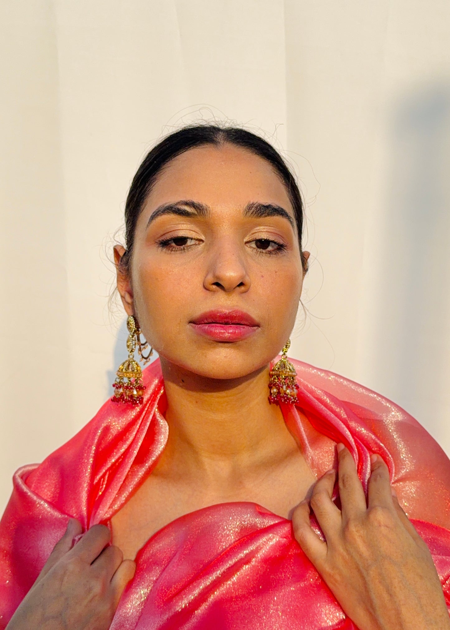Dhairyaa Polki Pearl Jhumkas with Earchain (Red)