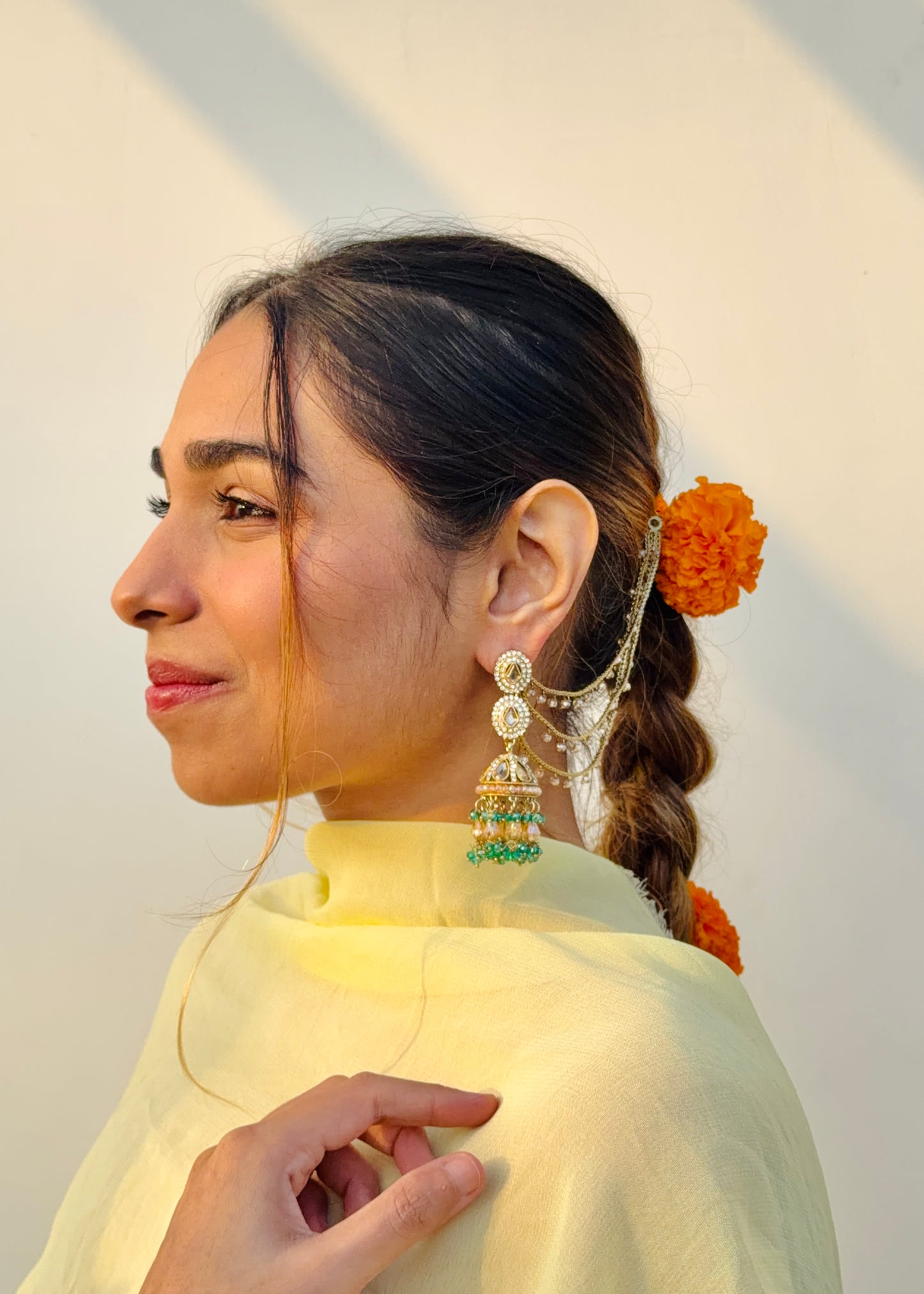 Dhairyaa Polki Pearls Jhumkas with Earchain (Turquoise)