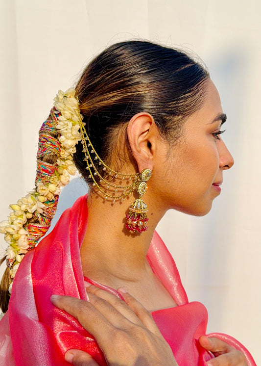 Dhairyaa Polki Pearl Jhumkas with Earchain (Red)